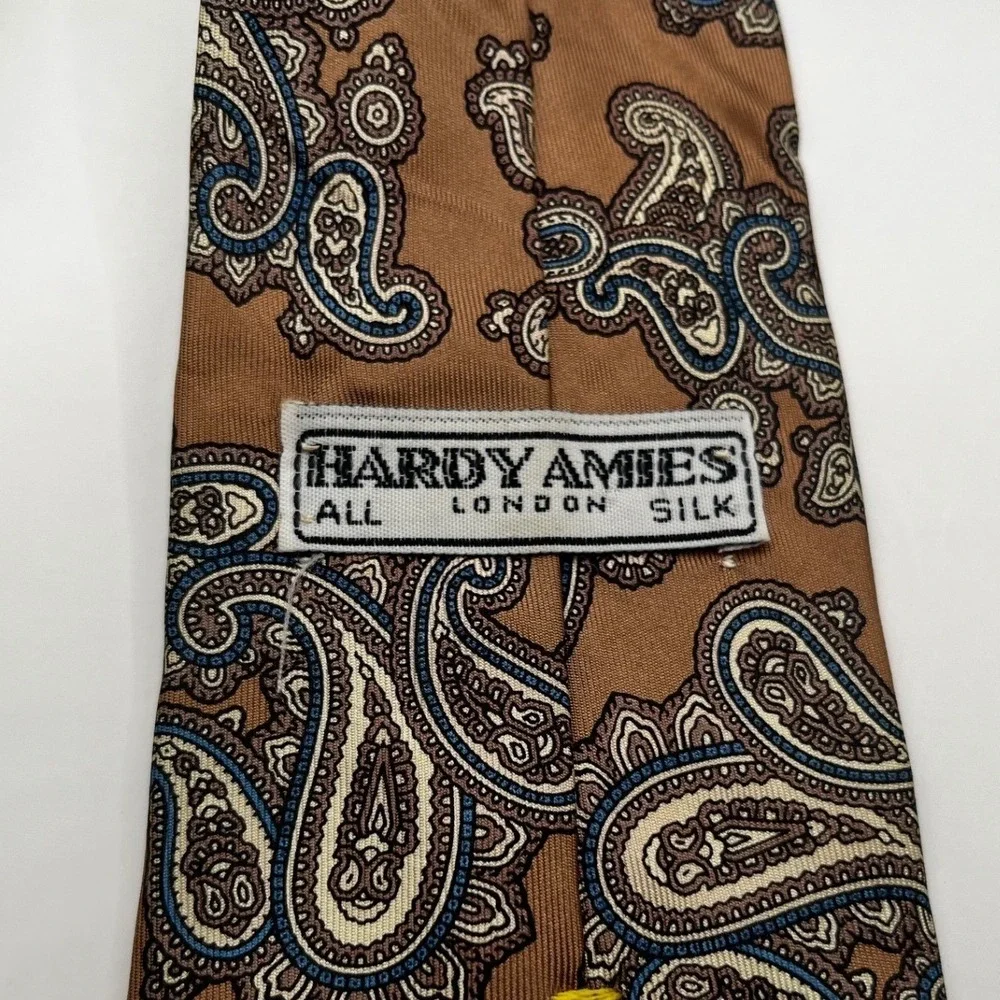 Vintage Hardy Amies 100% Silk Tie Necktie Brown Black‎ Blue Paisley Pattern